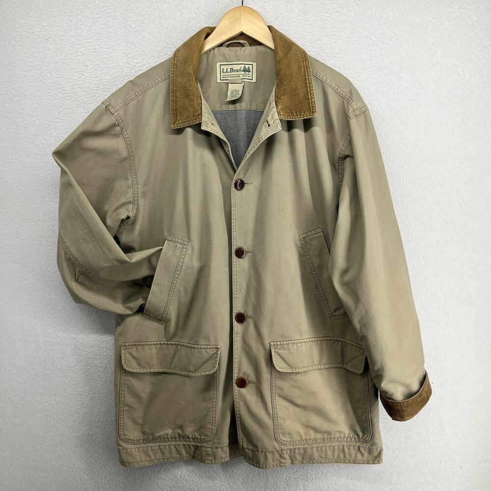 LL BEAN Jacket Men L Chore Field Barn Coat Flannel Lined Canvas Corduroy Collar
